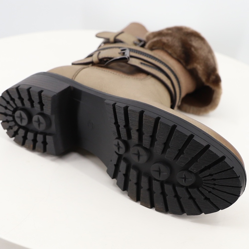 Women’s Faux Fur Lined Zipper and Buckle Detail Boots in Beige Faux Leather - Picture 5 of 16